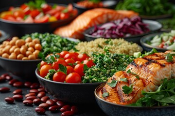 Grilled Salmon Quinoa Bowl With Cherry Tomatoes and Green Salad