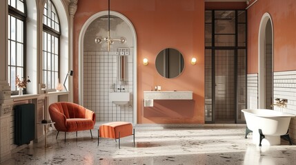 Modern bathroom with terracotta walls, large arched windows, a white freestanding bathtub, a round mirror, and a stylish orange armchair with an ottoman. 