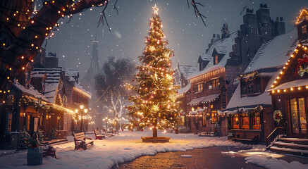 A decorated Christmas tree in a town square, surrounded by snow-covered benches, festive lights, and a backdrop of decorated shop windows. Generative AI.