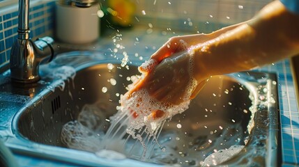 Fototapeta premium A woman washes a sink with foam under running water