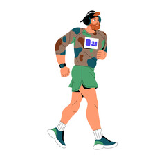 Athlete with pulse meter smart watch does cardio workout. Jogger running, training for competition. Runner in headphones jogging in marathon. Active man does sport. Flat isolated vector illustration