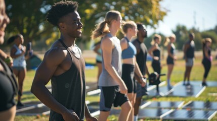 A group of diverse people participating in a fitness class using various solarpowered equipment united by their love for sustainability and exercise.
