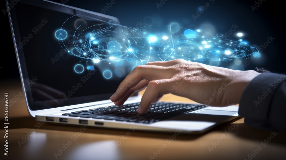 Poster close-up on a man's hand using a touchpad on a laptop to work on a futuristic social media marketing