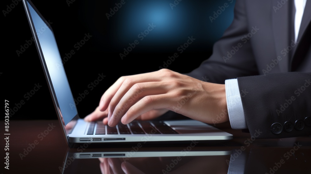 Poster close-up on a man's hand using a touchpad on a laptop to work on a futuristic social media marketing