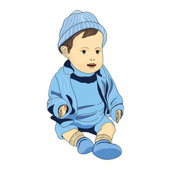 baby toy doll boy in blue clothes with hat and shorts