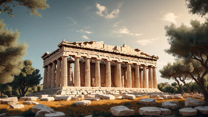 Obraz premium Serene illustration of the Parthenon ruins amidst olive trees, embodying Greek antiquity and cultural legacy, Generative AI