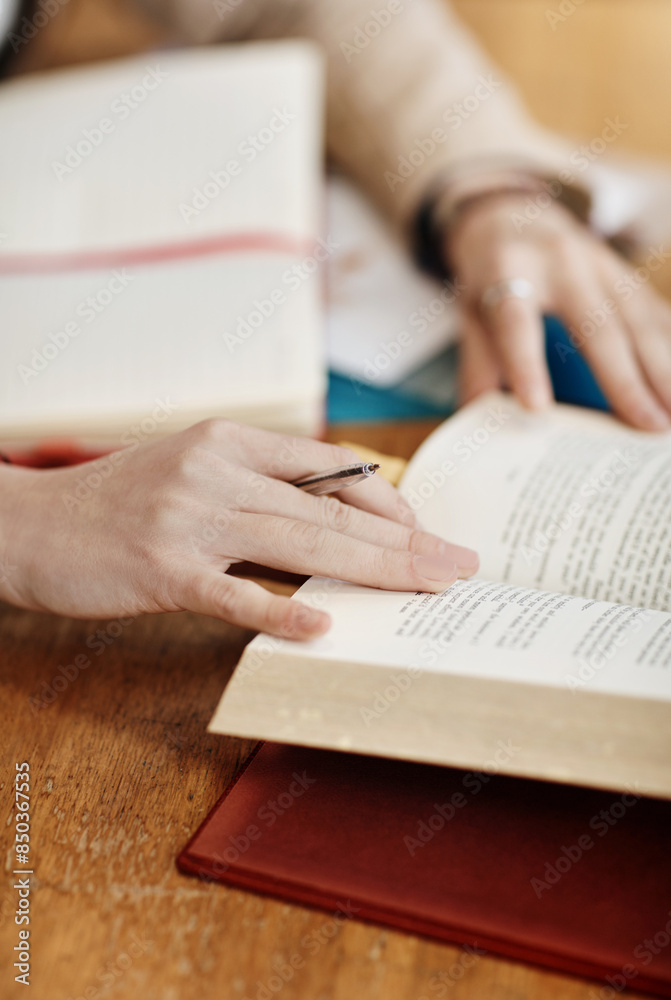 Poster hands, person and books for studying at university in library for education, development and ready f