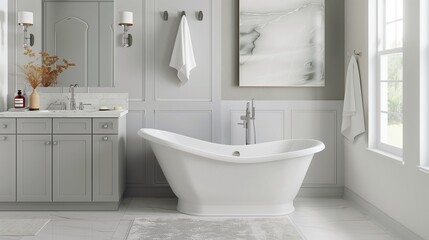Fototapeta premium A luxurious washroom design with a freestanding white bathtub, a light gray accent wall, and white porcelain floor tiles. The vanity features a light gray finish with a white 