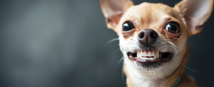 Close up photo of an angry grinning chihuahua showing his teeth against a gray background - Powered by Adobe