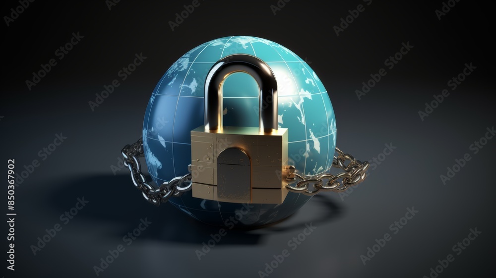 Poster padlock secured around a padlock-shaped globe with interconnected lines, representing the interconnectedness of global cybersecurity threats.