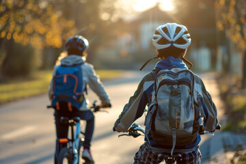 Boys in helmet riding bike with backpacks to school with sun rays in the background
