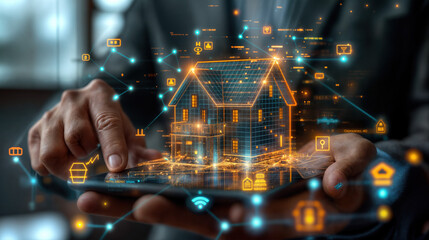 A person is holding a smart phone from which a house emerges