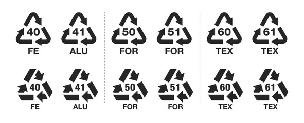 Set of wood, metal, and textile recycle icon collections isolated on a transparent background. Ecological codes marks and zero-waste mindset. Set of recycling symbols. Vector illustration