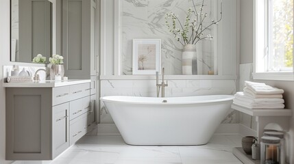 A luxurious washroom design with a freestanding white bathtub, a light gray accent wall, and white porcelain floor tiles. The vanity features