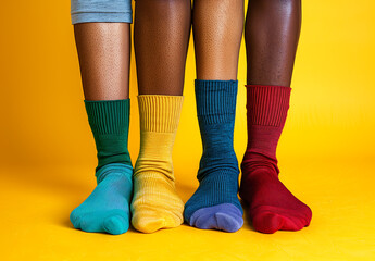 Personnes portant des chaussettes dépareillées alignées sur fond jaune. Journée de la trisomie...