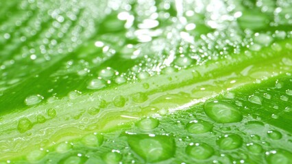 A banana leaf, adorned with shimmering water droplets, showcases its intricate texture and vivid green hue. Each droplet glistens, accentuating the leaf's natural beauty. Green leaf background.

