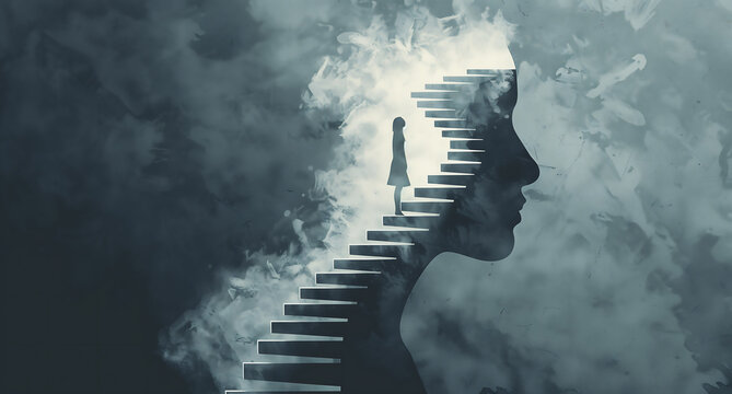 Silhouette de femme montant un escalier dans un profil de visage