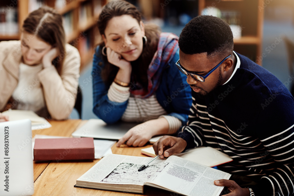 Poster library, people and studying with book, research and reading for exam, woman and man in campus of co