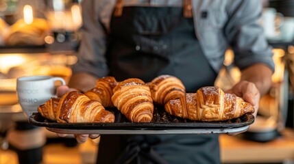 A barista serving a tray of freshly baked croissants and gourmet coffee to a customer - Powered by Adobe