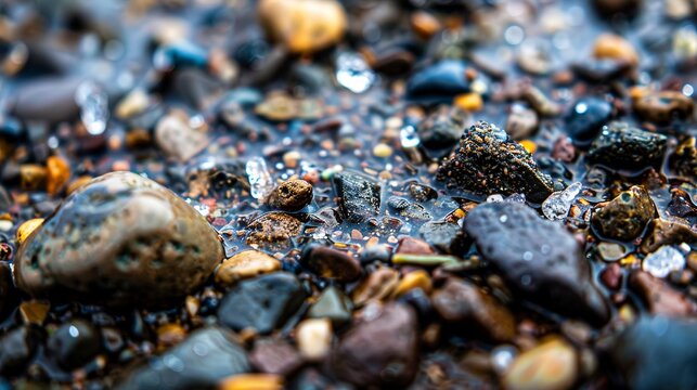 Close-up of wet gravel, small stones, various colors, shiny and reflective, soft natural light. - Powered by Adobe