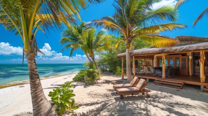 A beach villa with a private beachfront gazebo, offering shade and stunning ocean views