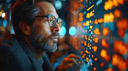 A businessman using a tablet to analyze large data sets in a time-sensitive scenario, such as a stock market or a sports game, background that emphasizes the urgency and excitement. Generative AI.