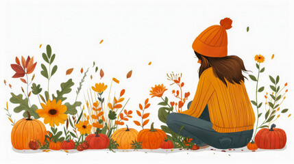 Young woman gardening among pumpkins and autumn flowers