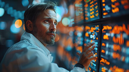 A businessman using a tablet to analyze large data sets in a time-sensitive scenario, such as a stock market or a sports game, background that emphasizes the urgency and excitement. Generative AI.