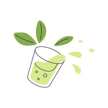 recommend clip art: Cool drink in transparent glass. Refreshments with fresh mint leaves. Green sparkling beverage with splashes. Lemonade for quenching thirst. Flat isolated vector illustration on white background