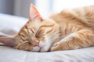 Naklejka premium Small orange Scottish kitten cat lying down and sleep on white bed of relaxing and cozy wellbeing in home.