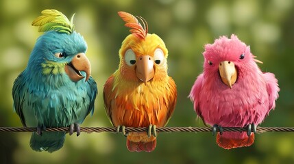 colourful three cute quirky drunk parrot bird with very large crest sitting on a wire background 
