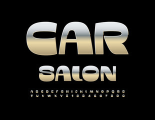 Vector Silver icon Car Salon. Modern Metallic Font. Trendy Alphabet Letters and Numbers set.