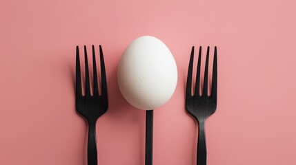 White egg on two black forks on pink surface