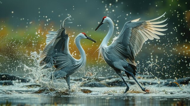 Two Sarus Crane fighting, kicking each other, in the river. Generative AI.