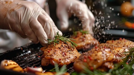 A chef marinating chicken thighs with spices and herbs before grilling them to perfection