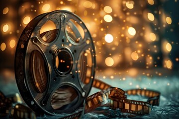 Cinema movie reel with bokeh lights in background. Ai generative