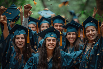 Obraz premium Group of cheerful student throwing graduation hats in the air celebrating, education concept