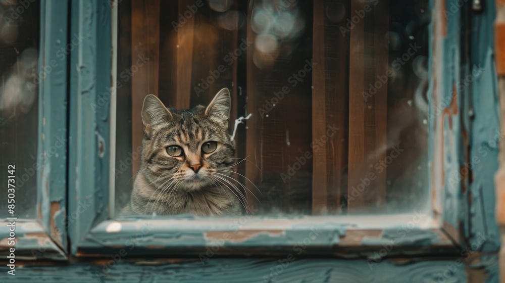 Poster a close-up of a cat sitting on a window sill, looking curiously outside through the glass pane