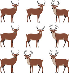 Naklejka premium Cute deer with antlers, vector illustration set. Standing, jumping and grazing. Cartoon flat style