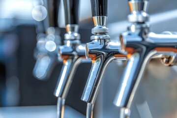 Polished beer taps lined up at a modern bar interior