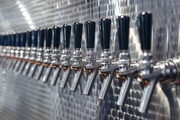 Modern stainless steel beer taps lined up in a row at a brewery