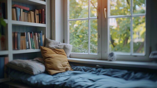 A soft focus on the cozy reading nook in the corner