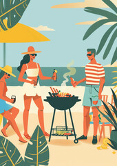 summer barbecue with friends and family, minimal vector illustration, 3 color combination, simple poster design