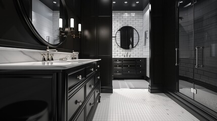 An elegant washroom with a black vanity, white marble countertop, and black walls. The floor is covered in white subway tiles, and the fixtures are polished nickel