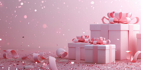 Wide view happiness 3D Gift boxs on pastel background with copyspace,ribbon