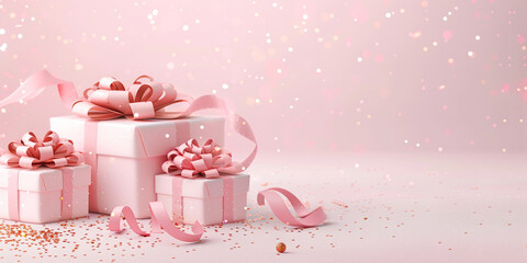 Wide view happiness 3D Gift boxs on pastel background with copyspace,ribbon