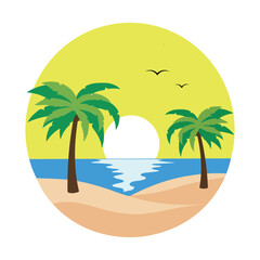 Tropical Island Sunset with Palm Trees Vector Illustration