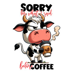 Funny cartoon cow with coffee and quote ''Sorry for what I said before coffee''. Vector illustration.