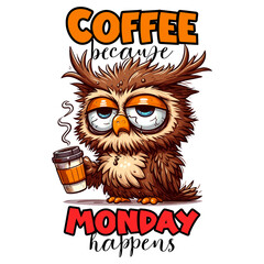 Funny owl with coffee cup and quote ''Coffee because Monday happens''. Vector illustration.