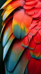 Obraz premium Close-up of vibrant parrot feathers in red, yellow, and blue